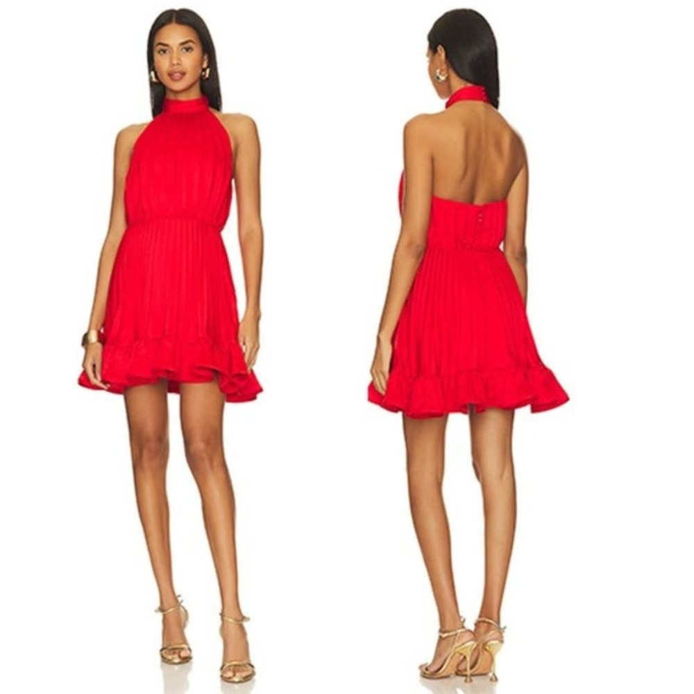 NWT Amur Amiri Halter Pleated Fit and Flare Red Low Back Mini Dress